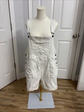 Women's White Denim Short Overalls - Classic Bib Romper